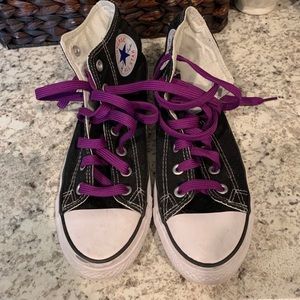 Black high top converse with purple laces size 8.5 women’s